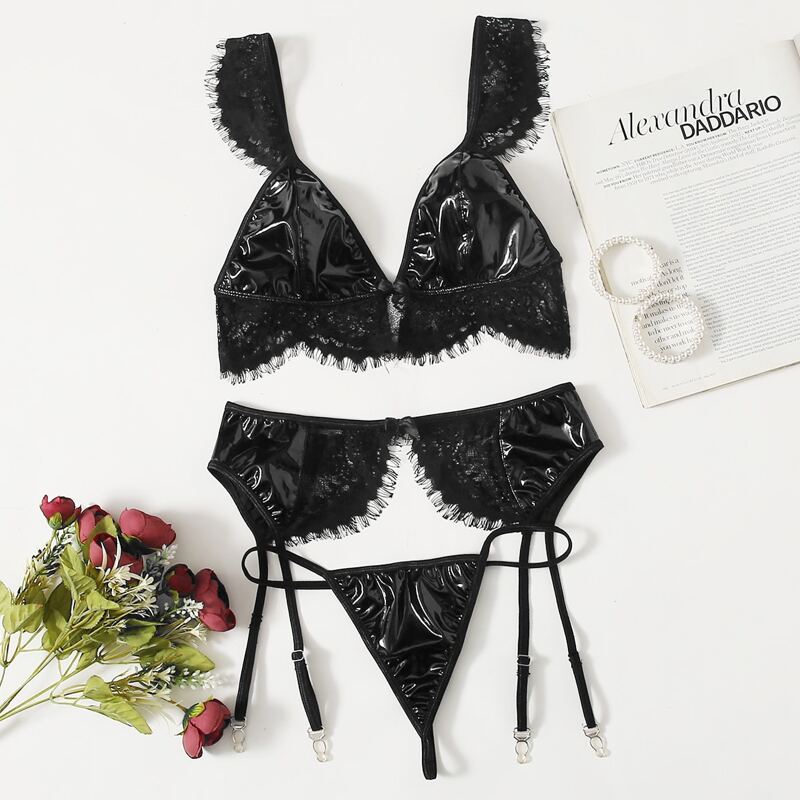 

Floral Lace Garter Lingerie Set, Black