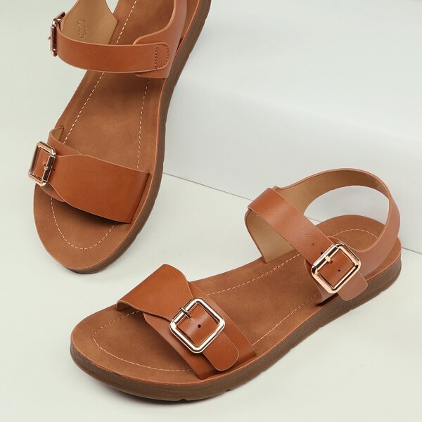 

Open Toe Twin Buckle Ankle Strap Flat Sandals, Rust brown