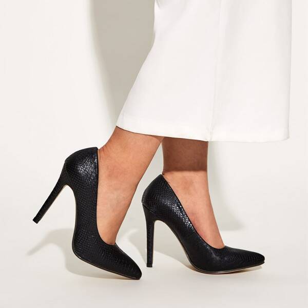 

Croc Embossed Ultra High Heeled Court Pumps, Black
