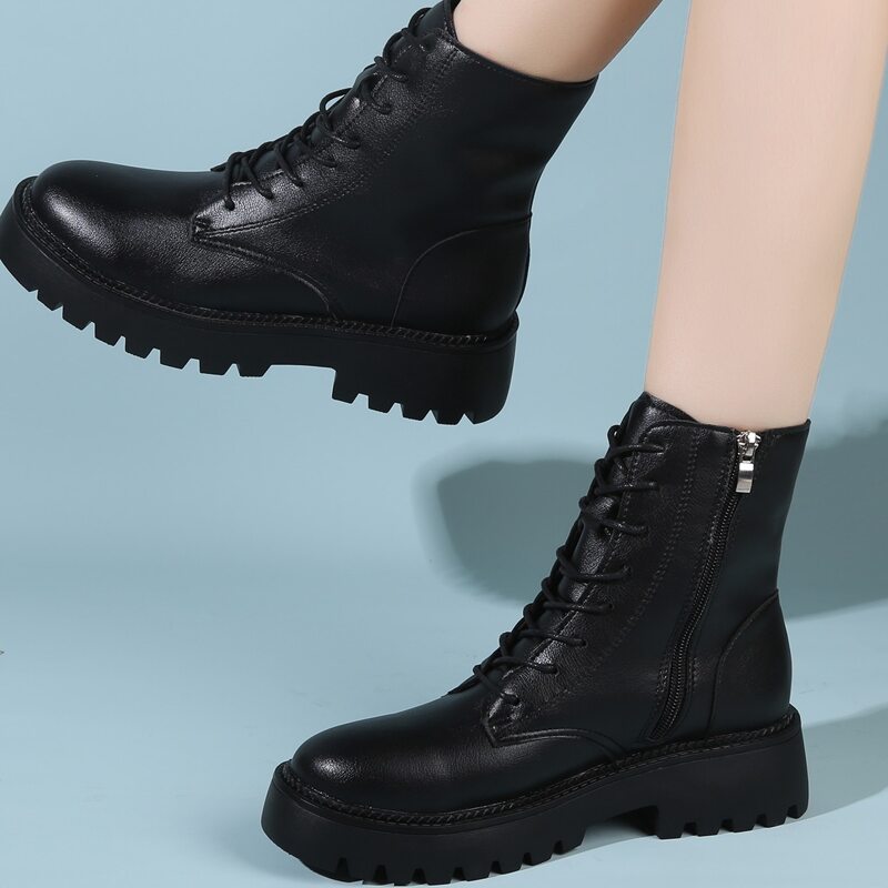 

Lace-up Front Side Zipper Combat Boots, Black