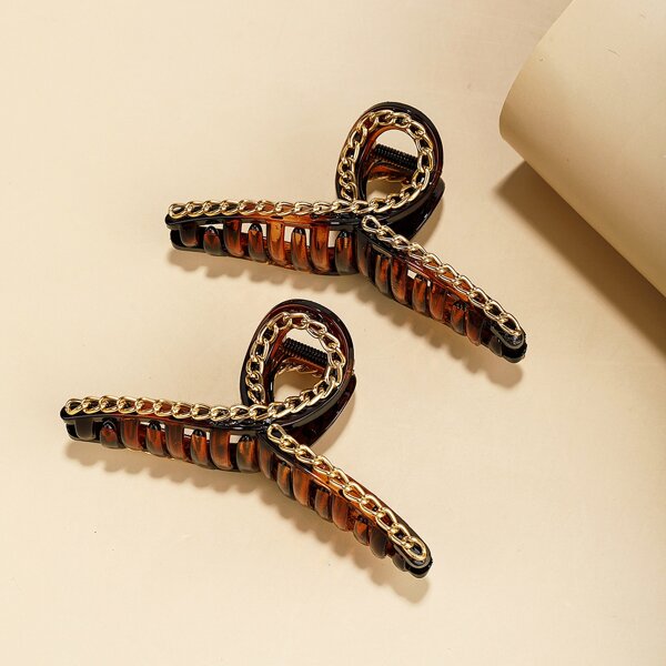 

2pcs Metal Chain Decor Hair Claw, Coffee brown