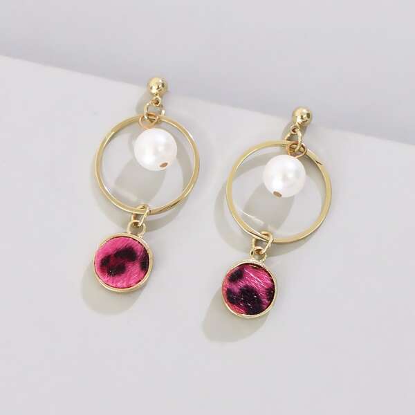 

Faux Pearl Decor Round Earrings, Hot pink