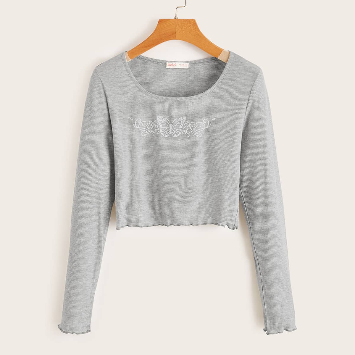 

Butterfly Graphic Lettuce Trim Crop Tee, Light grey