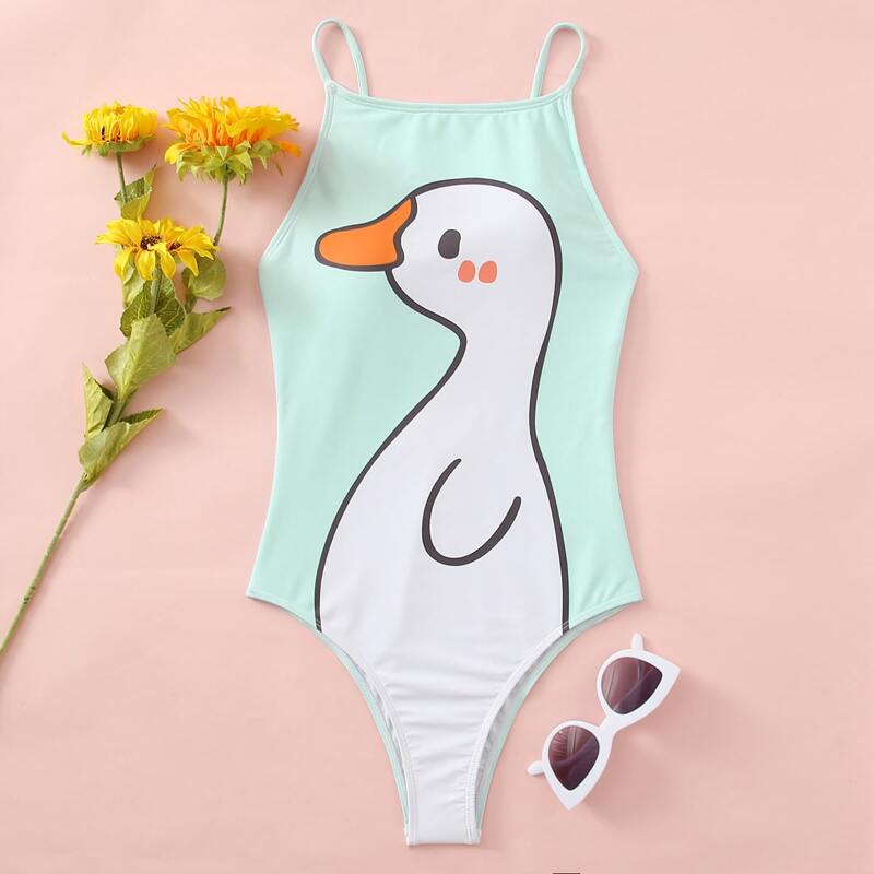 

Cartoon Graphic One Piece Swimsuit, Baby blue
