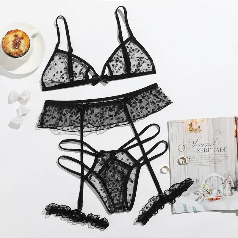 

Star Mesh Garter Lingerie Set, Black