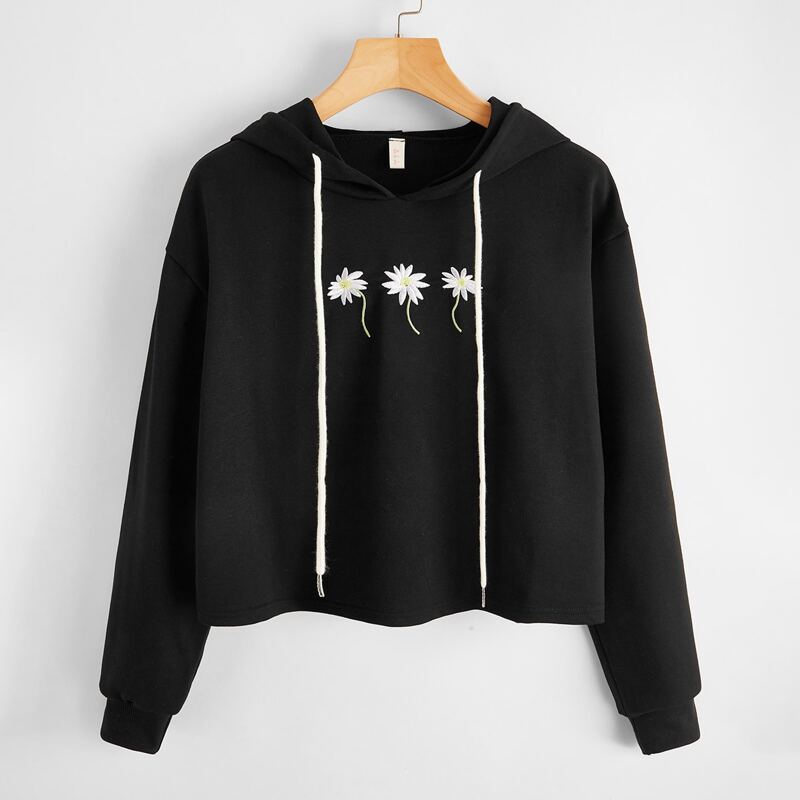 

Flower Embroidery Hoodie, Black