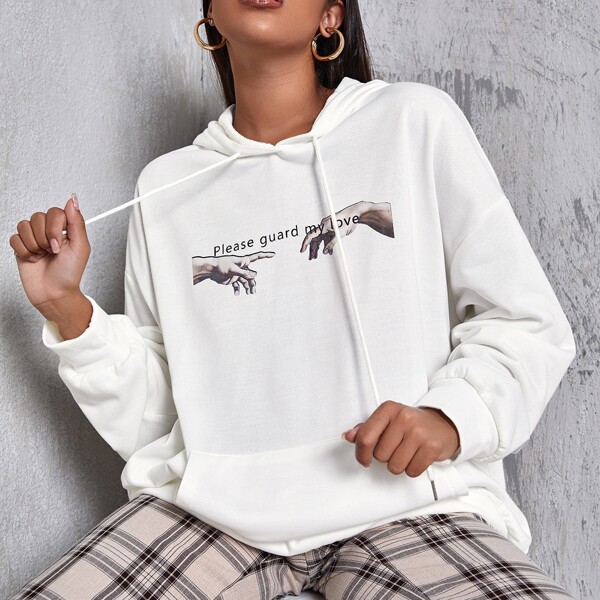 

Slogan & Hand Print Drawstring Hoodie, White