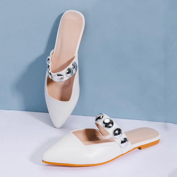 

Studded Decor Cut Out Flat Mules, White