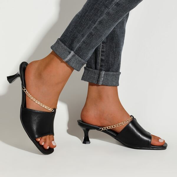 

Chain Decor Kitten Heeled Mules, Black