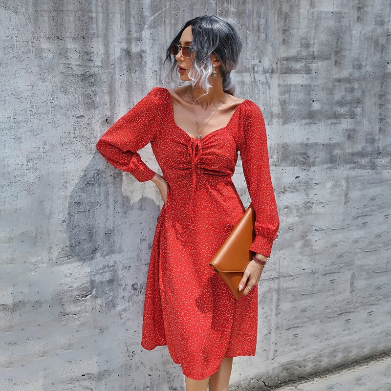 

Drawstring Ruched All Over Print Dress, Red bright