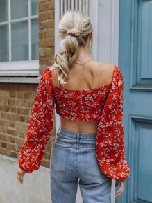 SHEIN VCAY 花卉圖案前結飾燈籠袖超短版上衣 - 紅色 - 查看 2