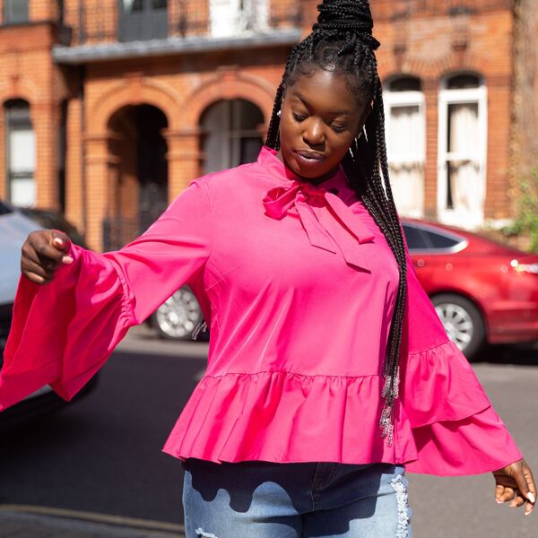 

Plus Tie Neck Flounce Sleeve Peplum Blouse, Hot pink bright
