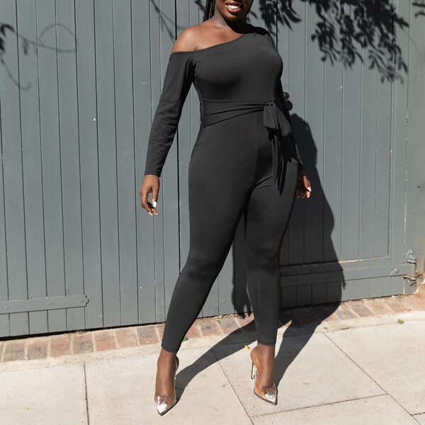 

Plus Tie Front Asymmetric Neck Jumpsuit, Black