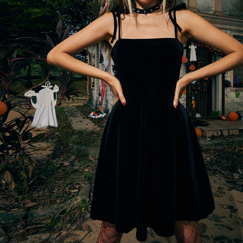 

Halloween Tie Shoulder Velvet Flared Dress, Black