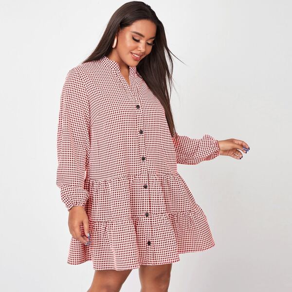 

Plus Button Front Gingham Smock Dress, Red and white
