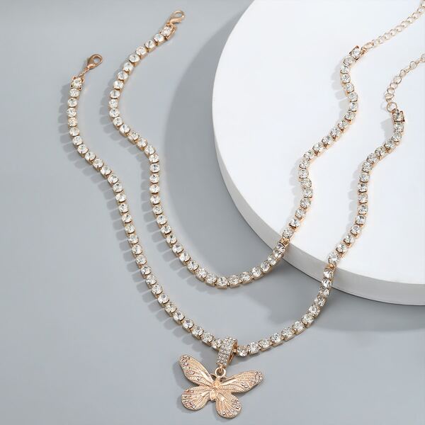 

2pcs Men Butterfly Pendant Rhinestone Necklace, Gold
