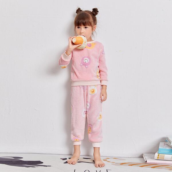 

Toddler Girls Cartoon Pattern Teddy PJ Set, Baby pink