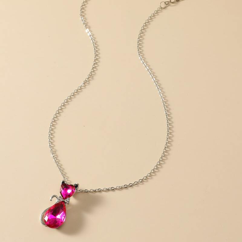 

Rhinestone Decor Cat Charm Necklace, Red