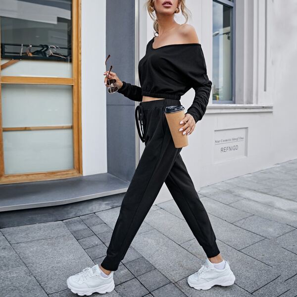 

Drop Shoulder Pullover & Sweatpants Set, Black