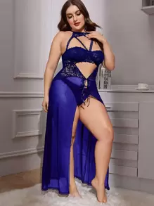 大碼拼接蕾絲鏤空網紗洋裝和丁字褲 - 寶藍色 - 查看 1