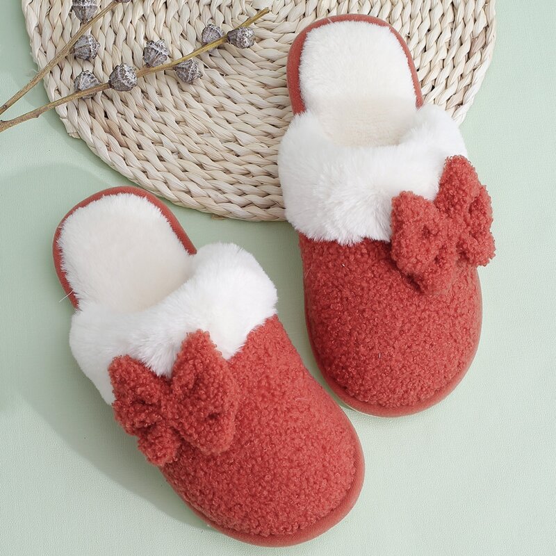 

Two Tone Bow Decor Fluffy Slippers, Red