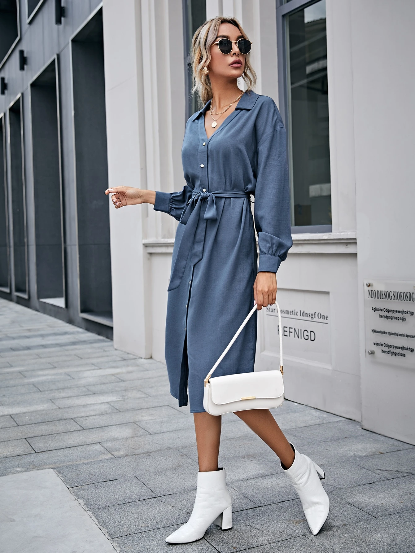 Bishop Sleeve Self Belted Dress | SHEIN EUR