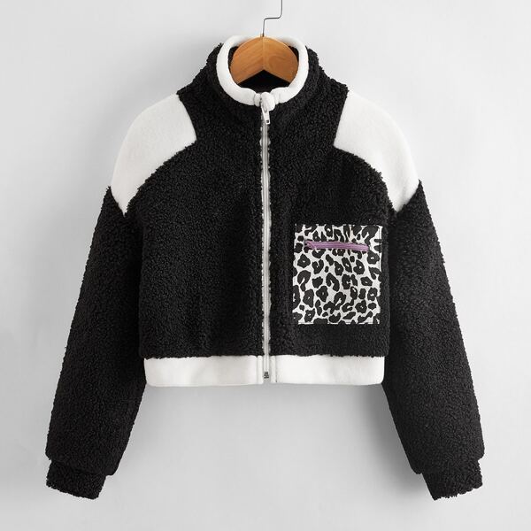 

Girls Zip Detail Leopard Colorblock Teddy Jacket, Black