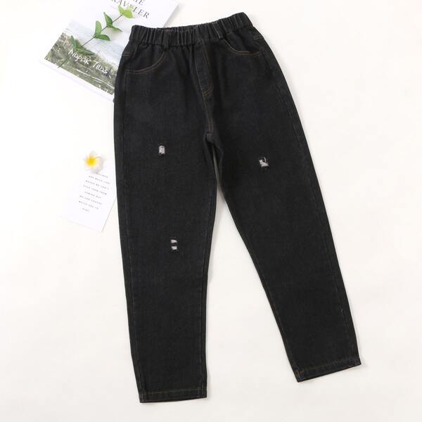 

Girls Elastic Waist Ripped Mom Fit Jeans, Black