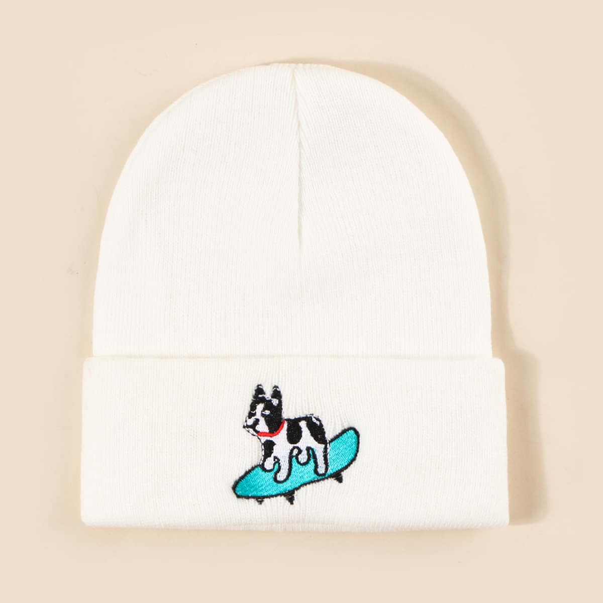 

Cartoon Embroidery Beanie, White