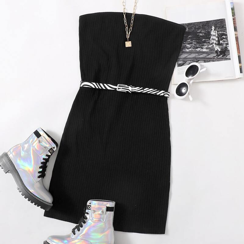 

Solid Ribbed Tube Dress Without Belt, Black