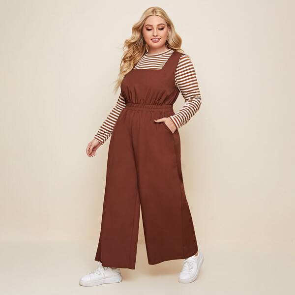 

Plus Striped Tee & Zip Back Pinafore Jumpsuit, Rust brown