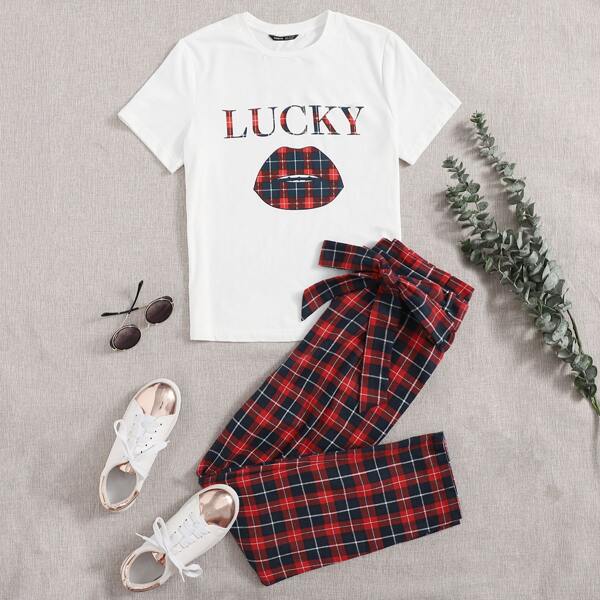 

Letter & Lip Print Tee and Self Belted Plaid Pants Set, Multicolor
