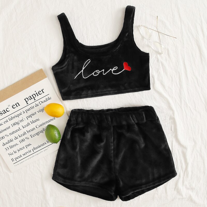 

Letter & Heart Embroidered Flannel PJ Set, Black