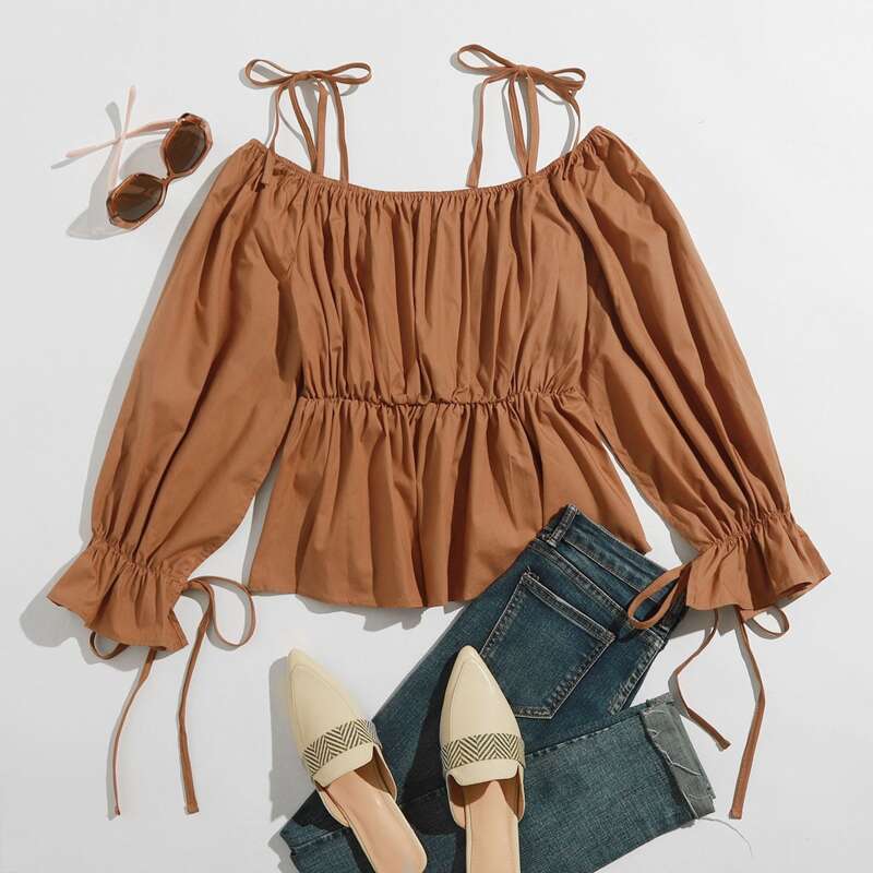 

Tie Shoulder Cut Out Sleeve Peplum Blouse, Brown