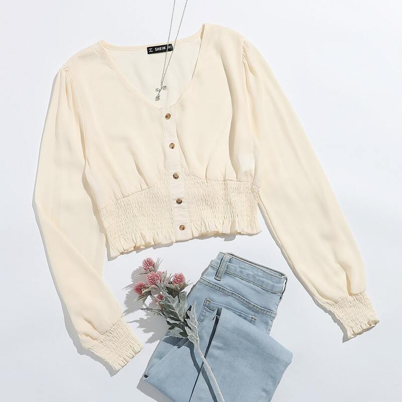 

Button Front Shirred Waist Crop Top, White