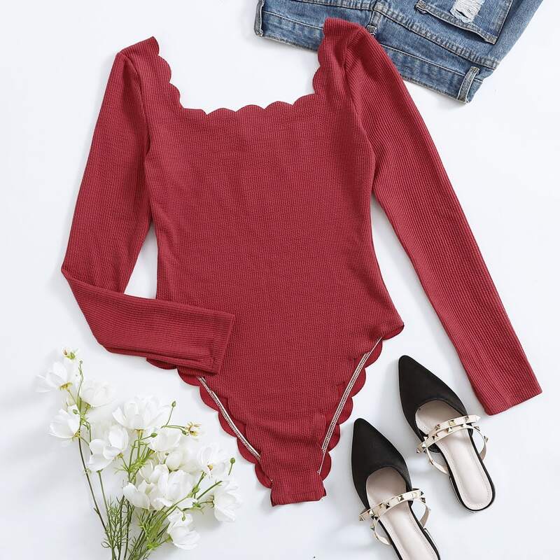

Scallop Edge Rib-knit Bodysuit, Rusty rose