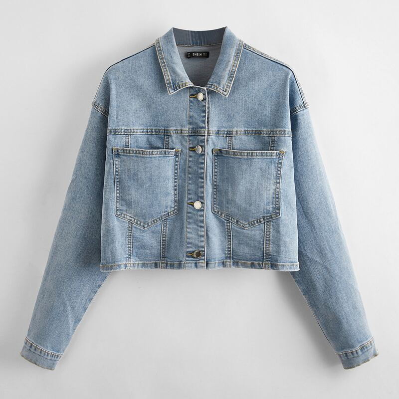 

Button Front Pocket Patched Denim Jacket, Medium wash