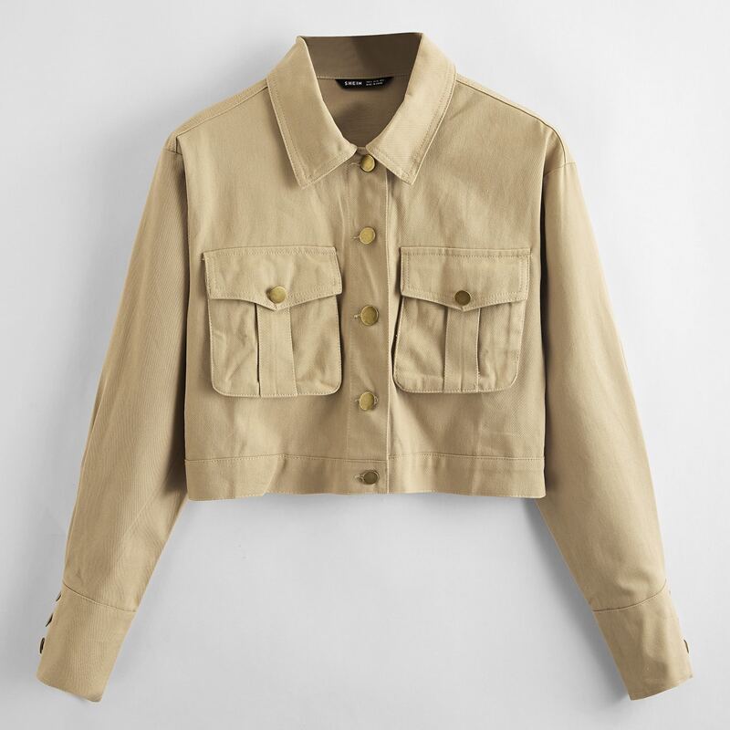 

Button Front Flap Pocket Trucker Jacket, Khaki
