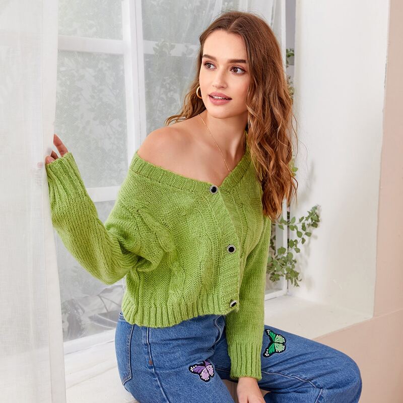 

Cable Knit Button Front Cardigan, Lime green
