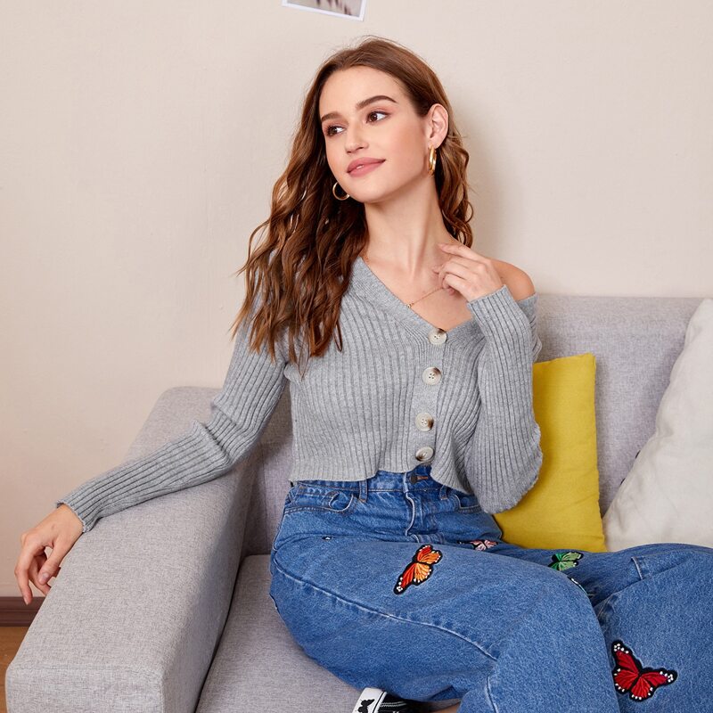 

Button Front Ribbed Knit Cardigan, Grey