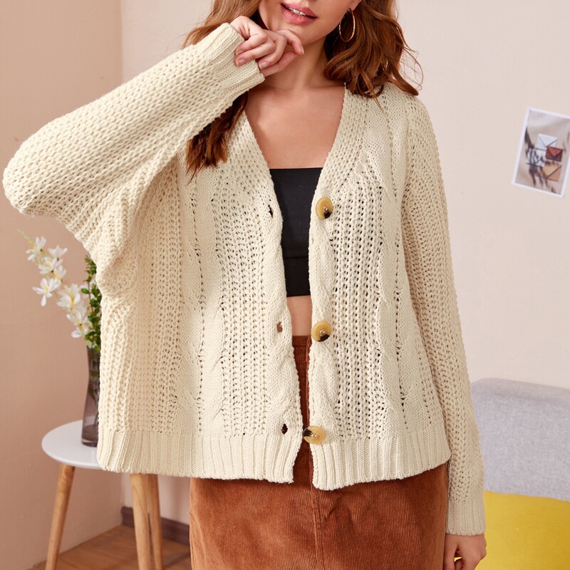 

Solid Cable Knit Button Up Cardigan, Beige