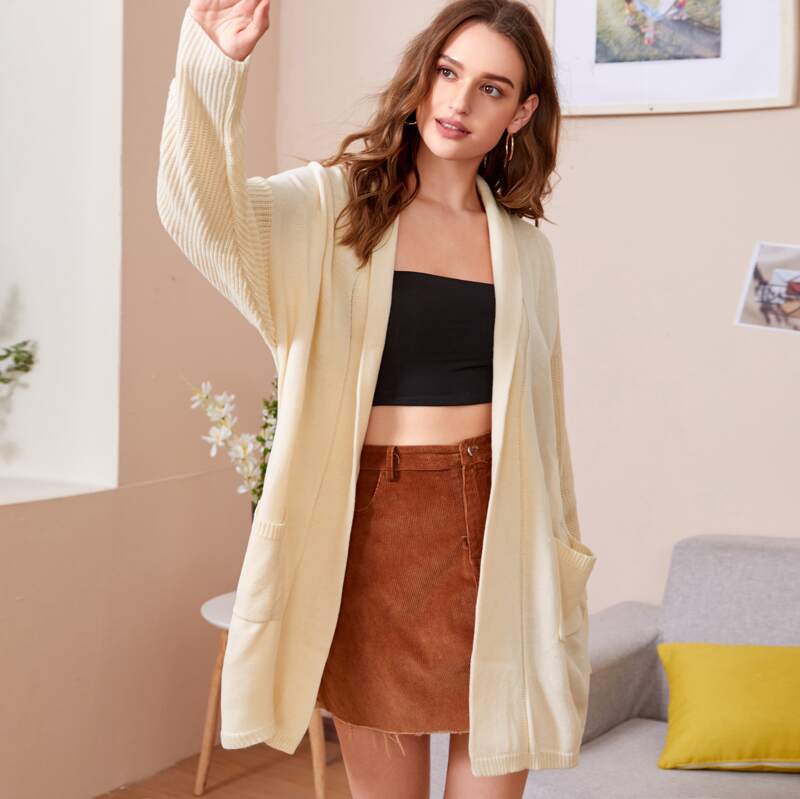 

Dual Pocket Open Front Cardigan, Apricot