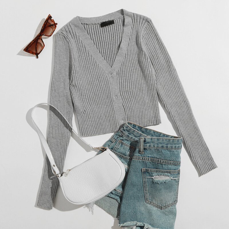 

V-neck Ribbed Knit Crop Cardigan, Grey