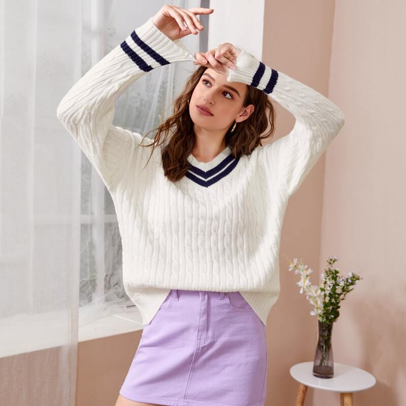 

Cable Knit Striped Cricket Sweater, White