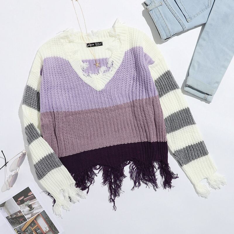

Drop shoulder Colorblock Asymmetrical Raw Hem Sweater, Multicolor