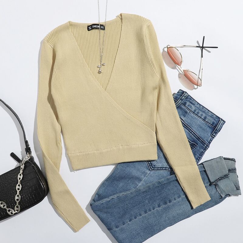 

Surplice Neck Rib-knit Sweater, Apricot