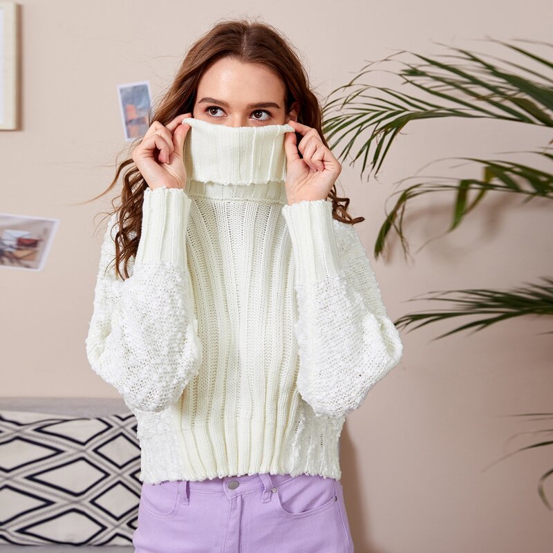 

Turtleneck Popcorn Knit Crop Sweater, White