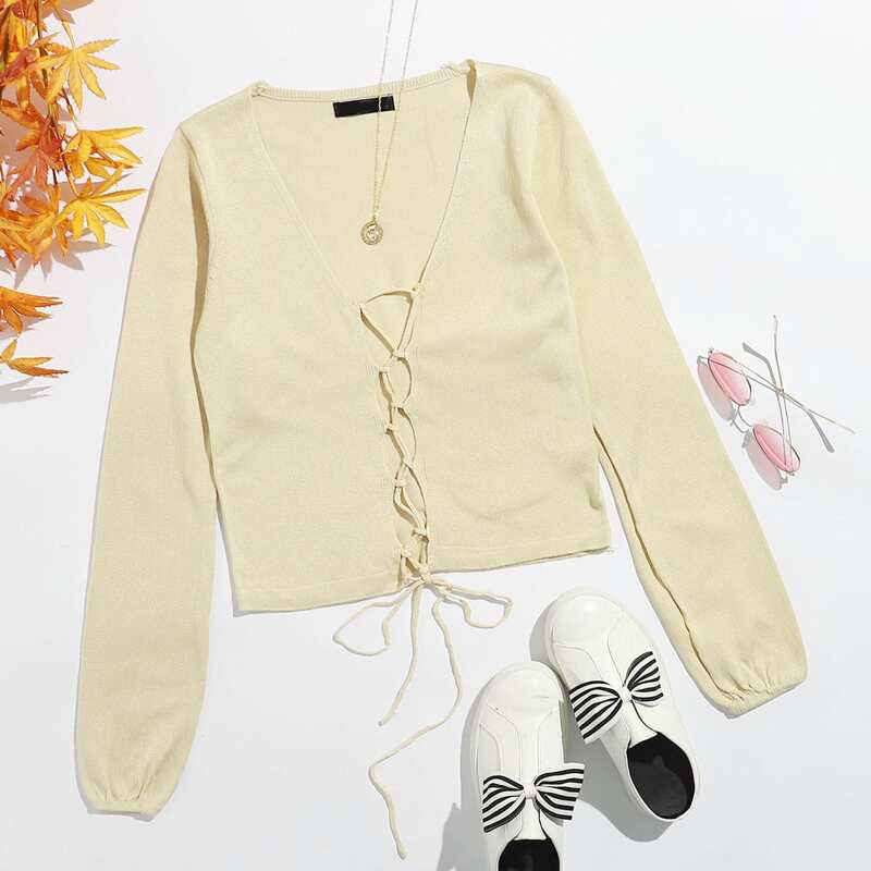 

Lace Up Front Crop Sweater, Apricot