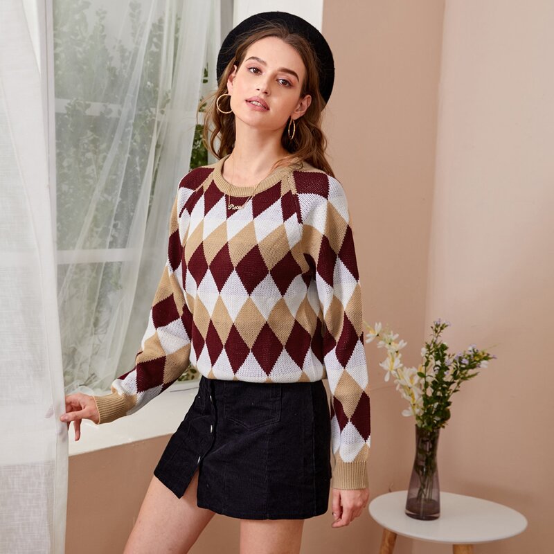 

Raglan Sleeve Argyle Pattern Sweater, Multicolor