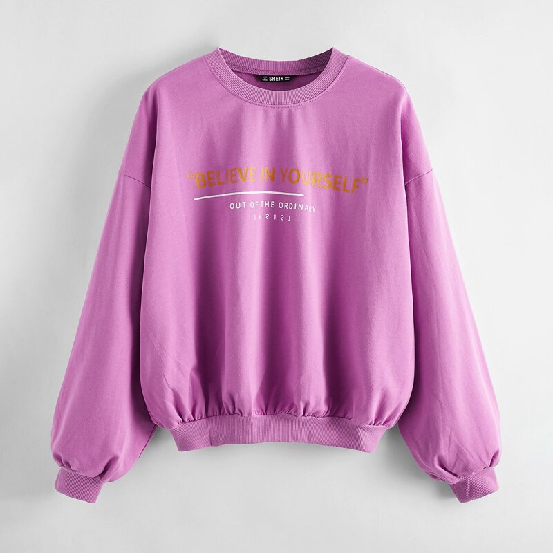 

Drop Shoulder Slogan Graphic Pullover, Purple